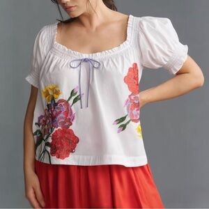 Anthropologie Puff Sleeve Tie Front Embroidered Bohemian Peasant Cotton Blouse S